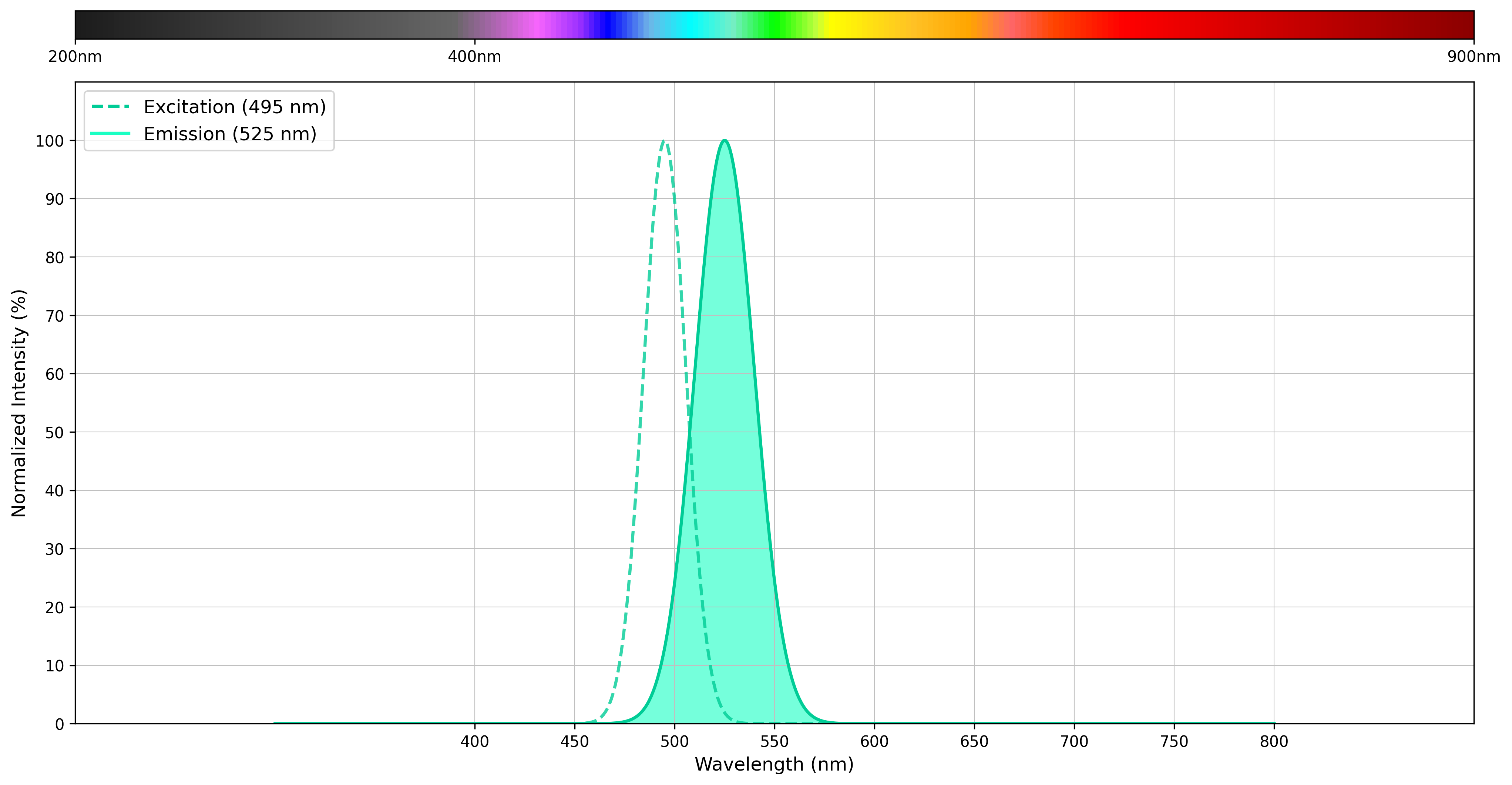 Excitation and emission spectra of dsDNA-bound GelViewer nucleic acid gel stain in TBE Buffer