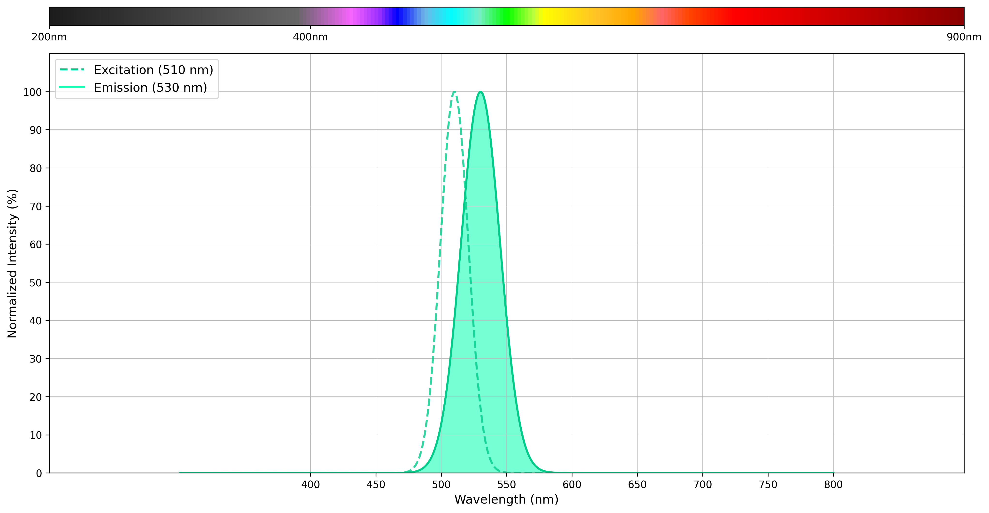 Excitation and emission spectra of dsDNA-bound GelViewer nucleic acid gel stain in TBE Buffer